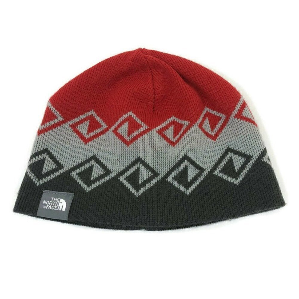 The North Face Youth Anders Beanie Hat Knitted Reversible Red Gray